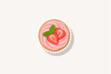 Top view of strawberry cupcake with pink frosting, sliced fresh berries and mint leaf vector illustration © Akasha Design