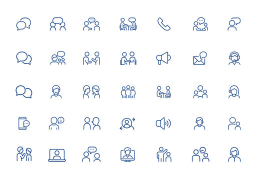 Conversation and talking icon set &ndash; editable speech, discussion, meeting, call, chat, communication, dialogue, teamwork, consultation, announcement, message, support, operator, client and more.