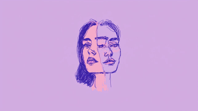 Hand Drawn Dual Female Face Sketch &mdash; Borderline Personality Disorder and Split Self Concept Illustration