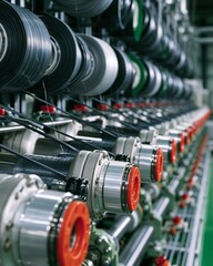 Fototapeta premium Medium angle footage capturing largescale carbon fiber precursor spinning machinery emphasizing fullscale extrusion processes before carbonization in a manufacturing environment.