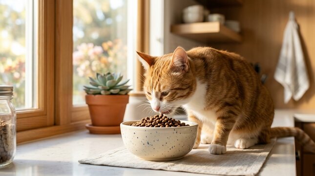 Ginger Cat Eating Dry Food from Bowl on Kitchen Countertop.
