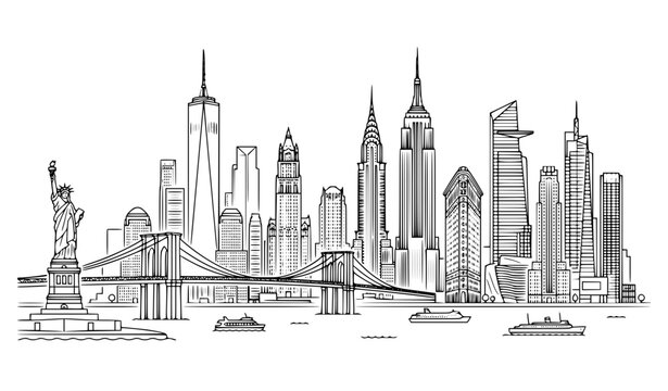 New York City skyline editable outline vector illustration