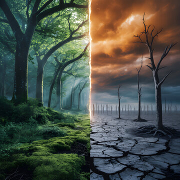 Nature transition displays a split view between a vibrant, sunlit forest and a dark, parched land with barren trees.