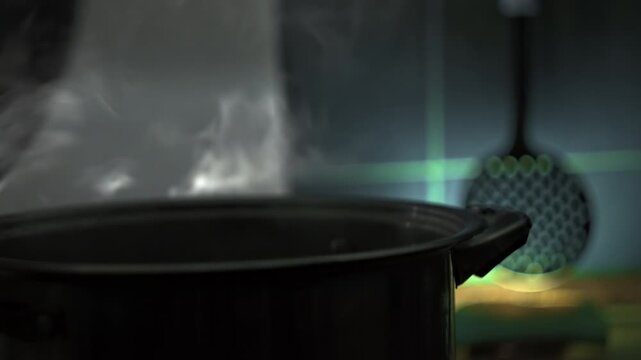Human remove lid from pot with boiling liquid on stove and steam comes out of it