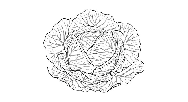 Detailed black and white line art illustration of a whole fresh head of cabbage with textured leaves isolated on a plain background.