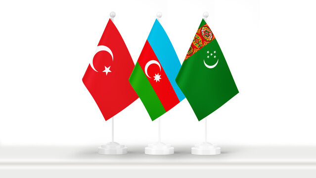State flags of Turkiye, Azerbaijan, and Turkmenistan, isolated on white background. Concept of official meetings, events and summits on government level. Business, collaborations and negotiations.
