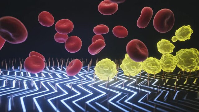 Dielectrophoresis sorting blood cells inside microfluidic chamber with gold electrodes, blue electric fields, and precise cellular separation