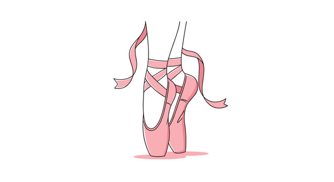 Elegant illustration of a ballerina wearing pink pointe shoes with long ribbons tied around her ankles performing a dance pose.