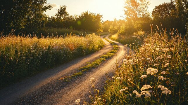 At a rural crossroads, a paved road splits into two paths surrounded by wildflowers and tall grass under warm sunlight