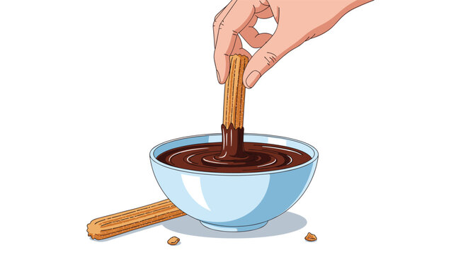 Close up of a hand dipping a crispy golden churro into a bowl of rich liquid chocolate sauce for a delicious snack or dessert time.