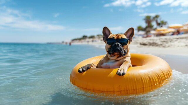 Adorable French bulldog wearing cool sunglasses floats in an orange lifebuoy at a sunny beach.