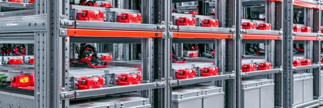 Medium shot of a stationary battery rack system showcasing robust electrical hardware and tightly secured support frames for stable energy storage installations.