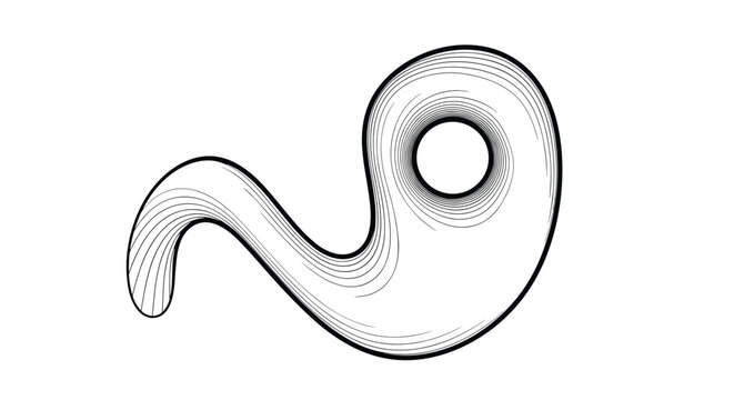 Intricate black and white spiral or shell-like abstract form consists of many fine lines creating a sense of volume and movement.