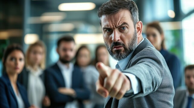A stern boss pointing a finger aggressively during a heated office confrontation with anxious employees watching