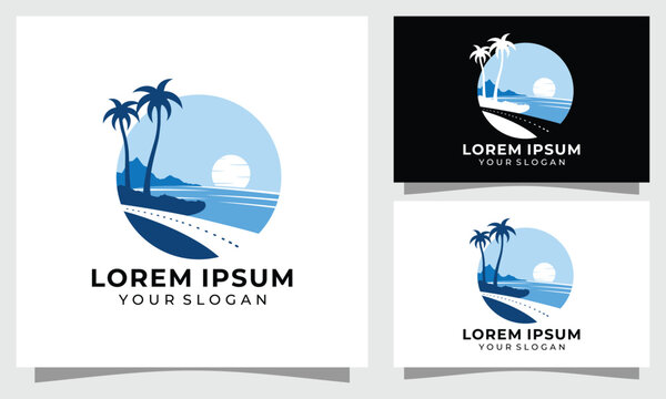 Tropical beach and ocean road logo design with palm trees and sun in a circular shape, presented in multiple color variations for branding.