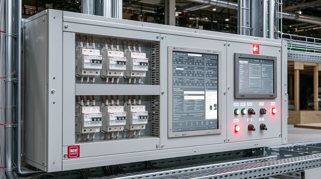 Retrofit load center module being installed in an industrial setting featuring adaptive AI analytics for upgrading and balancing electrical loads.