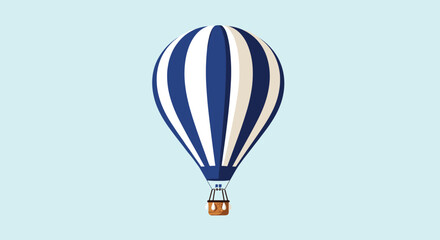 Fototapeta premium Striking blue and white striped hot air balloon floats gracefully against a clear light blue sky in a minimalist style.