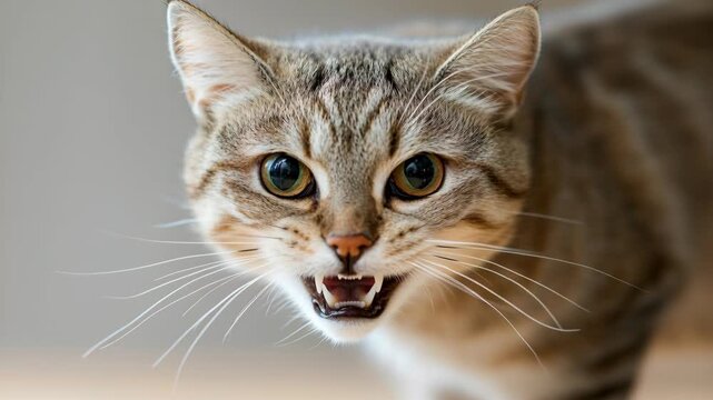 Portrait of an angry tabby cat hissing aggressively at the camera while showing its sharp teeth.