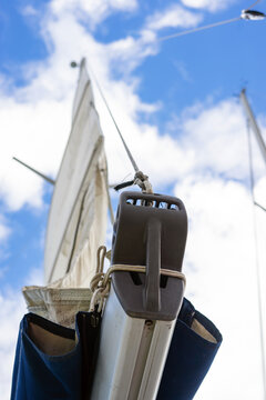 Yachting details. Rope lockers, standing and running rigging on a sailing Ship.