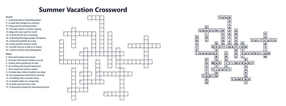 Summer vacation crossword puzzle worksheet with solution