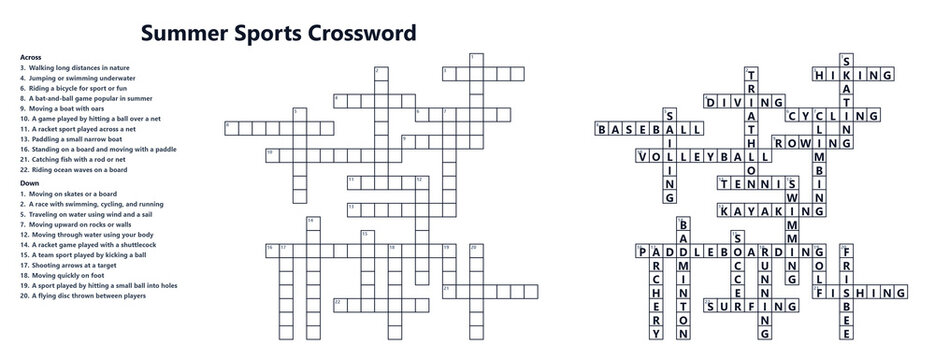 Summer sports crossword puzzle worksheet with solution