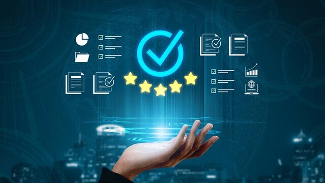 Hand Holding Holographic Check Mark and Stars with Business and Data Icons on Technology Background for Quality Assurance Concepts Gluon.