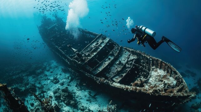 An underwater diver explores the mysterious remains of a shipwreck on the ocean floor, carefully navigating through schools of fish and marine plants