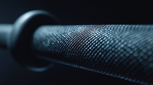 Detailed  view highlights the knurled metal texture of a professional barbell.