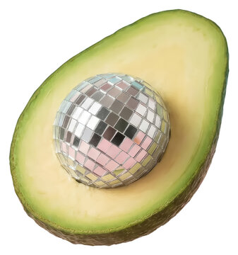 A halved avocado fruit with a shiny disco ball replacing the central seed, featuring a reflective mirror surface on a light pastel background