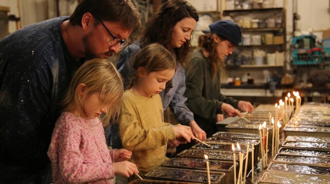 Candle making workshop, families dipping wicks in vats of wax, molds cooling, scents of vanilla and pine, flickering test burns
