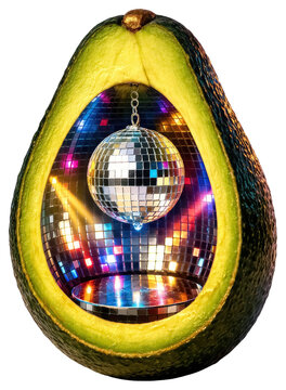 A halved avocado acting as a room for a miniature disco ball hanging from a chain, with colorful light reflections on the inner walls, studio shot