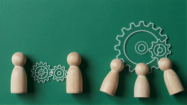 Wooden figures align with gears symbolizing teamwork and mechanical