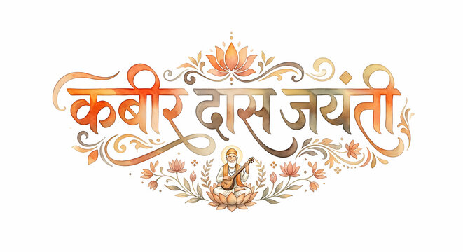 sant kabir das jayanti watercolor hindi typography with spiritual decor on white background.