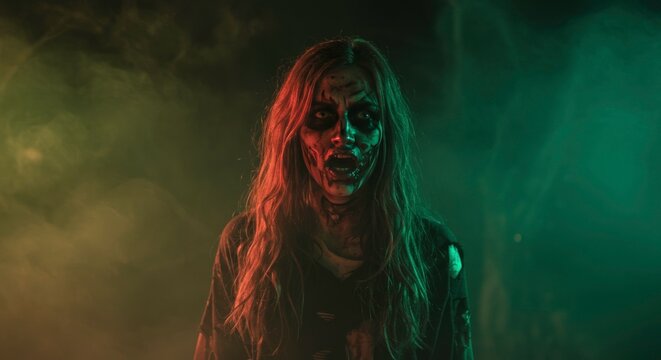 Undead female zombie character in green smoke background.