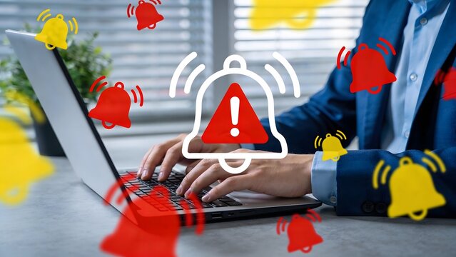 Businessman working on laptop with warning signs and alert bells around him in office