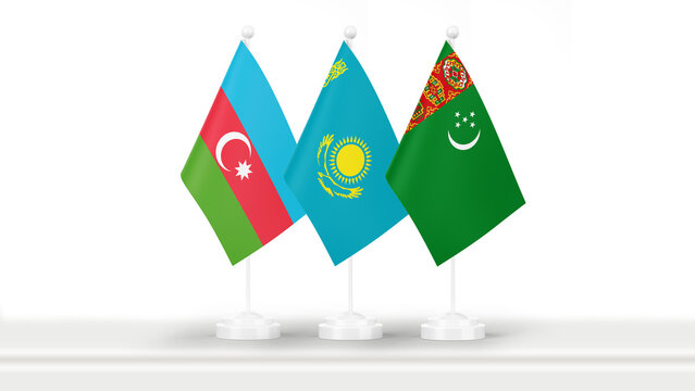 State flags of Azerbaijan, Kazkhstan and Turkmenistan, isolated on white background. Concept of official meetings, events and summits on government level. Business, collaborations and negotiations.