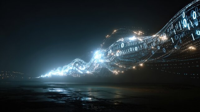 Abstract digital stream of binary code flowing through a dark, futuristic landscape, illuminated by vibrant blue and orange light trails. ..Created with Generative AI, not depicting real subjects.