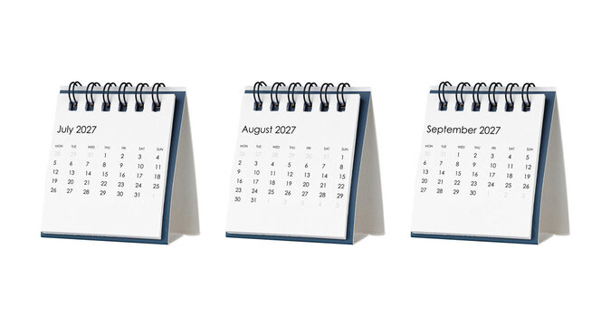 Clean minimalist 2027 calendar sequence for the first three months. Horizontal composition of spiral flip calendars on stands. High resolution image for web design and corporate identity projects.