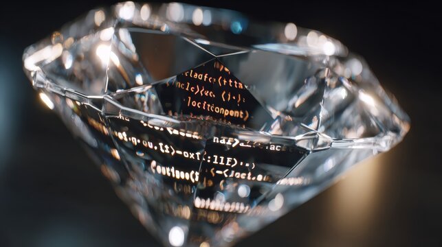 A brilliant diamond sparkles with intricate code embedded within its facets. ..Created with Generative AI, not depicting real subjects.