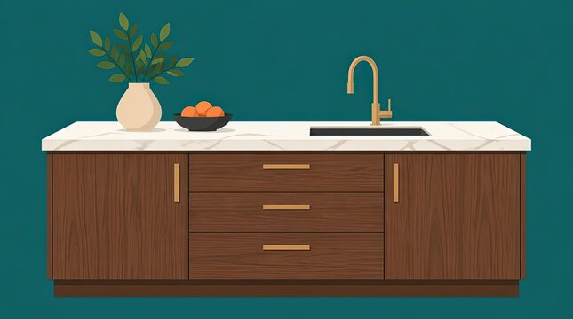 Minimalist flat vector illustration of a kitchen island, showcasing a contemporary wooden counter design with a marble top and brass fixtures in a widescreen format for modern home interiors.