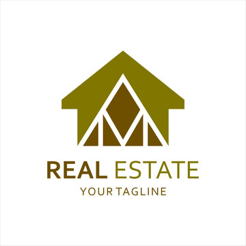 Professional real estate corporate identity logo design featuring a house roof icon integrated with abstract letters A and M. Suitable for property agencies and brokers.