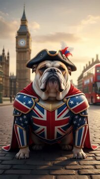 English bulldog wearing historical armor with national flag patterns sitting on cobblestone street near clock tower. Animal symbol representing United Kingdom. Vertical video