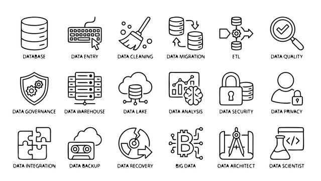 Comprehensive set of 18 data management line icons including database, data entry, cleaning, migration, ETL, quality, governance, warehouse, lake, analysis, security, privacy, and big data symbols.