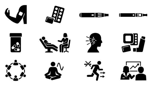 Smoking Cessation Methods and Nicotine Replacement Therapy Silhouette Icon Set