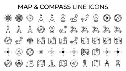 Obraz premium Minimalist Vector Map and Compass Line Icons Set Featuring Location Pins, GPS Satellites, Folded Maps, Route Markers, and North Arrows for Travel, Geography, and Cartography Design Projects.