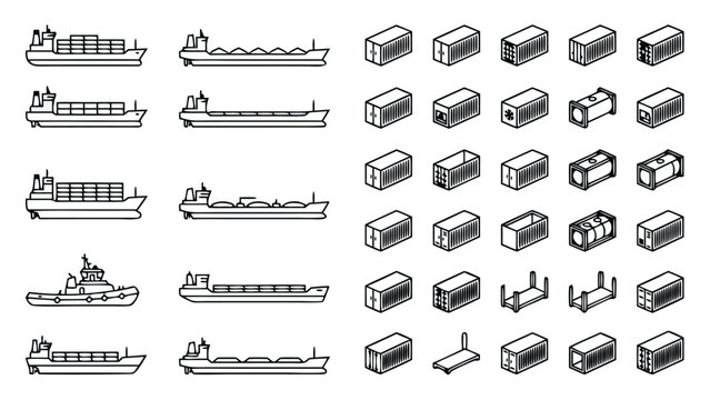 Minimalist Vector Line Icon Set of Freight Ships and Shipping Containers: Featuring Container Ships, Tankers, Tugboats, Bulk Carriers, and Diverse Cargo Containers for Logistics and Maritime Trade.