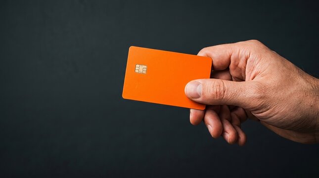 Close-up of a hand presenting a vibrant orange credit card, symbolizing modern digital payments and secure financial transactions for effortless spending and commerce