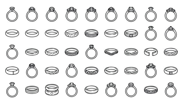 Minimalist vector line icon set of wedding and engagement rings. Comprehensive collection of jewelry designs featuring diamond solitaires, wedding bands, and unique settings for proposals.