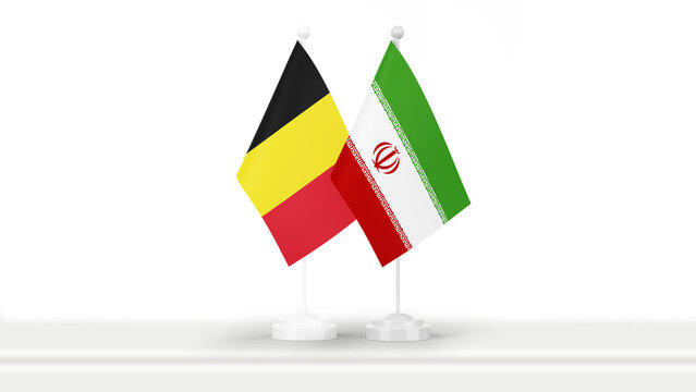 State flags of Belgium and Iran, isolated on white background. Concept of official meetings, events and summits on government level. Business, collaborations and negotiations.