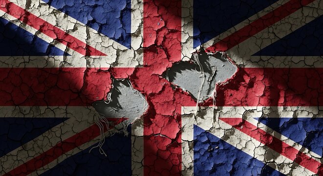 A deeply cracked and weathered Union Jack flag texture representing national division and turmoil